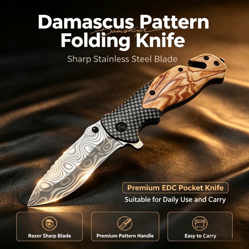 Edc Daily Carry - Navaja Plegable con Patrón Damasco, Hoja